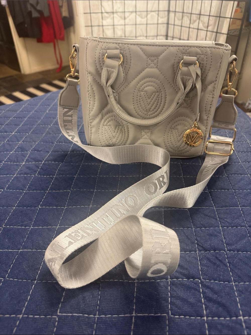 Valentino Orlandi Quilted Mini Crossbody in Light Gray with Gold Hardware